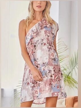 ANDREE BY UNIT One-Shoulder Floral Ruffle Dress in Pink and Blue